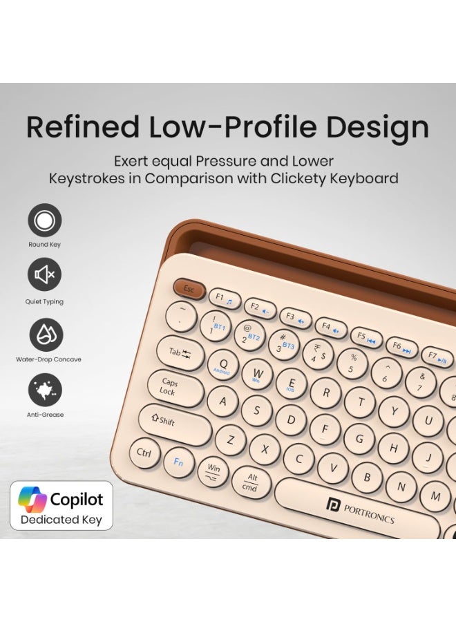 بورترونيكس Portronics Bubble 3.0 Wireless Keyboard with Bluetooth + 2.4 GHz USB Receiver, Rechargeable Battery, Dual Height Adjustment, Multimedia Hotkeys with Numpad, for Laptop, PC, Smartphone, Tablet(Beige) - Image 4